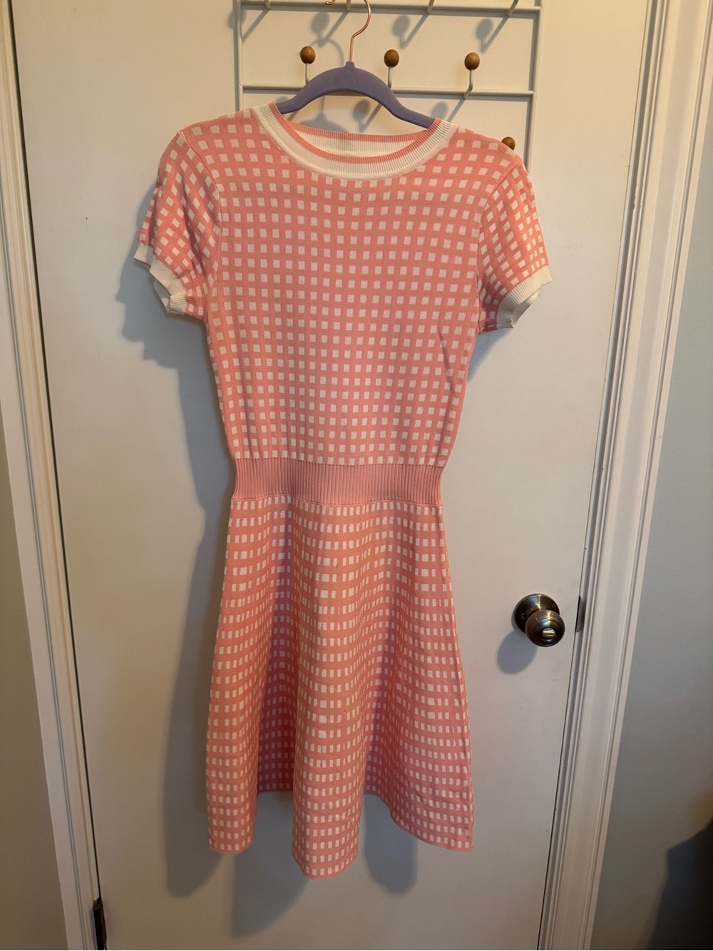 Unique Vintage Pink and White Checked Knit Fit-and-Flare Dress